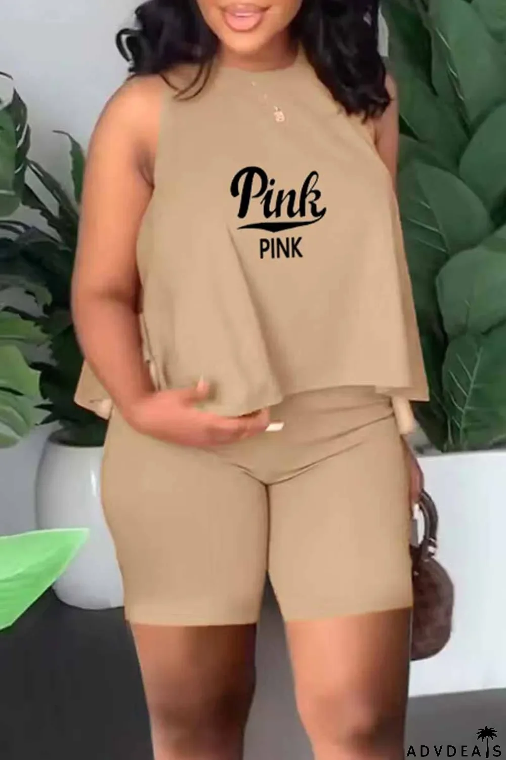 Orange Casual Print Letter O Neck Sleeveless Two Pieces