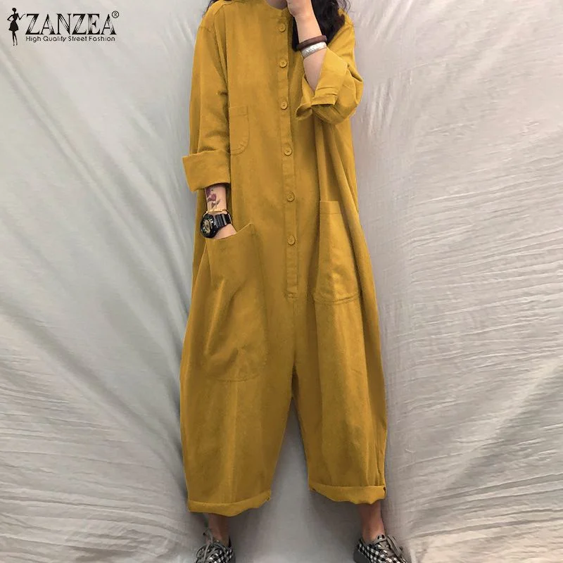 Women Jumpsuit 2022 Female Oversized Romper ZANZEA Autumn Loose Pockets Overalls  Casual Solid Stand Collar Bottom
