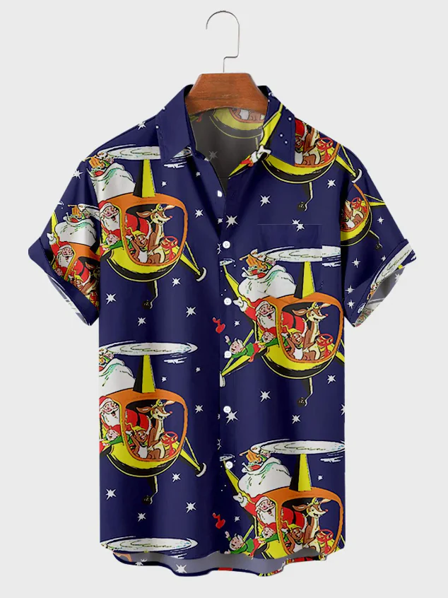 Men's Retro Casual Christmas Pattern Shirt With Pockets PLUSCLOTHESMAN