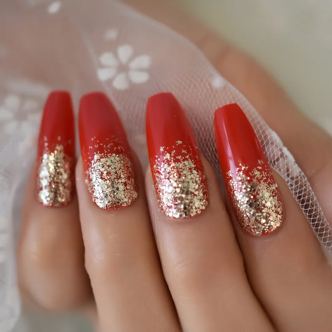 Detachable Fake Nails China-red Extra Long Coffin Press On Nail Art Gold Glitter Decoration Noble Nail Artificial Tips-Nail Inspo