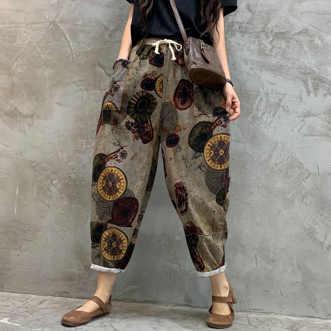 Cropped Printed Baggy Size Cotton Linen Loose Casual Women Summer