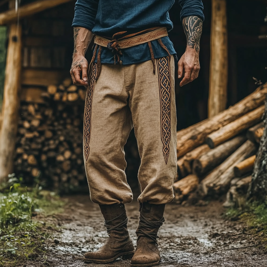  Viking-Inspired Embroidered Trousers with Adjustable Waistband-inspireuse