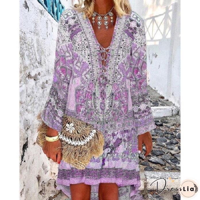 Casual Color Block V-Neckline Above Knee A-line Dress