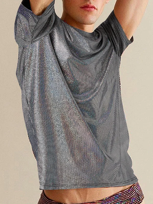 Aonga - Mens Shiny Metallic Coating Short Sleeve T-ShirtJ