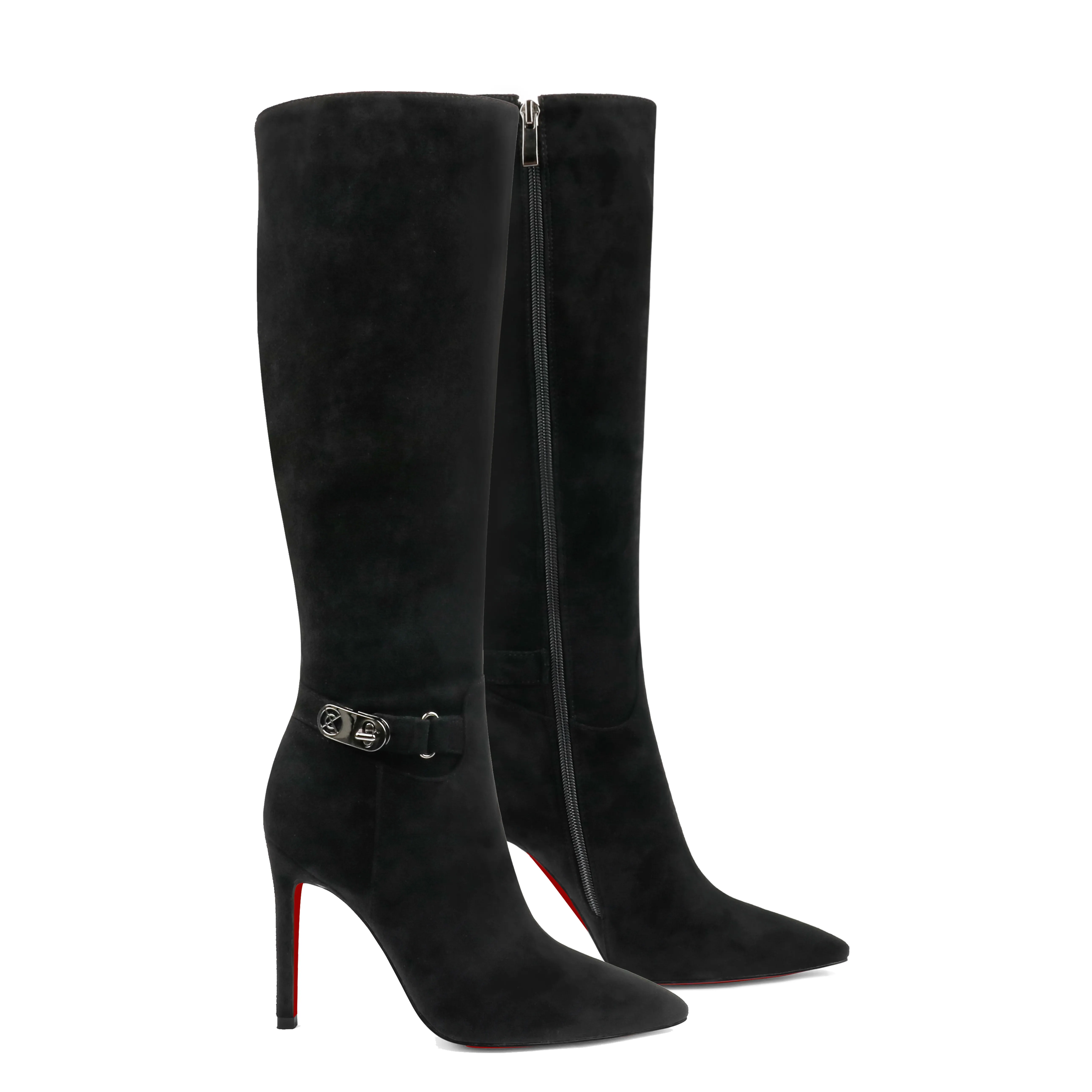 100mm Fashion Zipper Red Bottoms High Heels Metal Buckle Knee Boots-vocosishoes