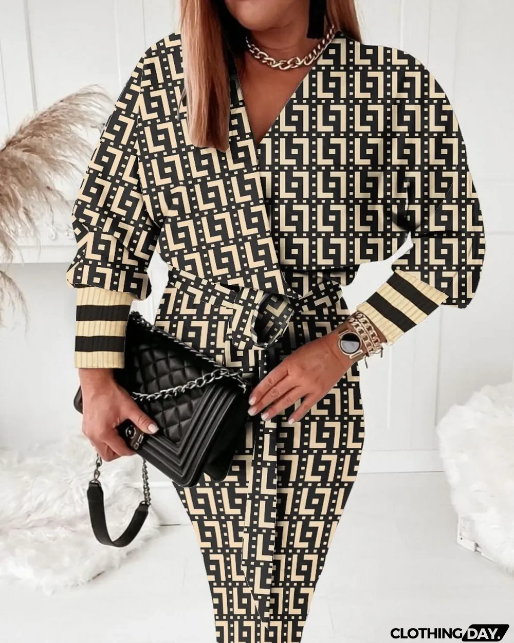 Autumn Print V-Neck Sexy Fashion Long Sleeve Dress
