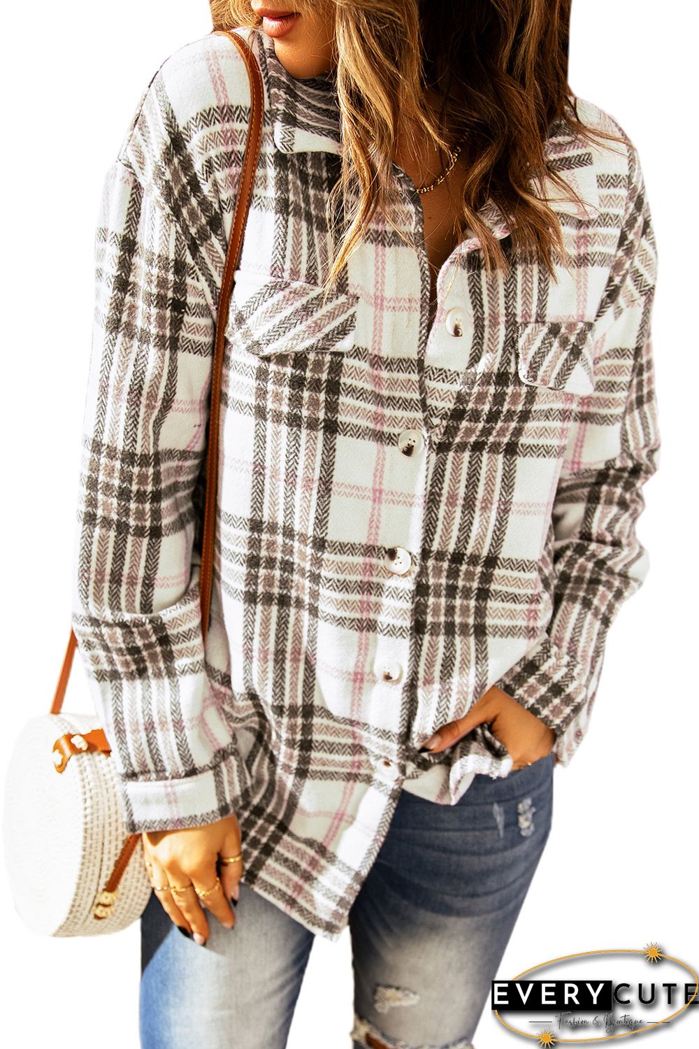 Button Down Collared Plaid Shacket main image 1