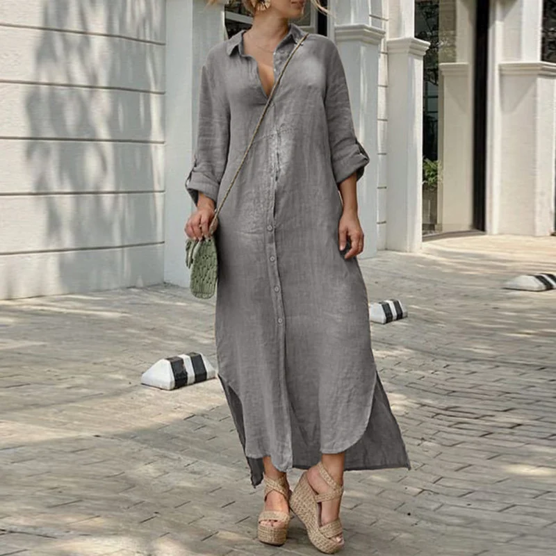 Cotton Linen Button Solid Dress