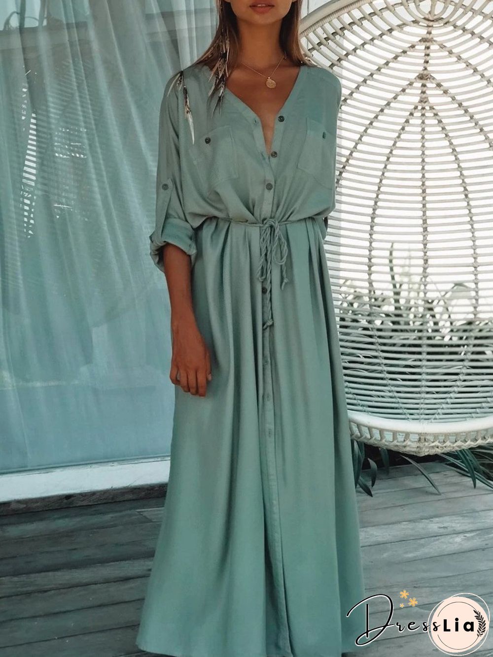 Single-Breasted Belt Beach Sun Protection Shirt Long Dress