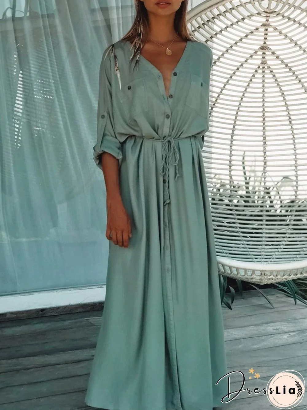 Single-Breasted Belt Beach Sun Protection Shirt Long Dress