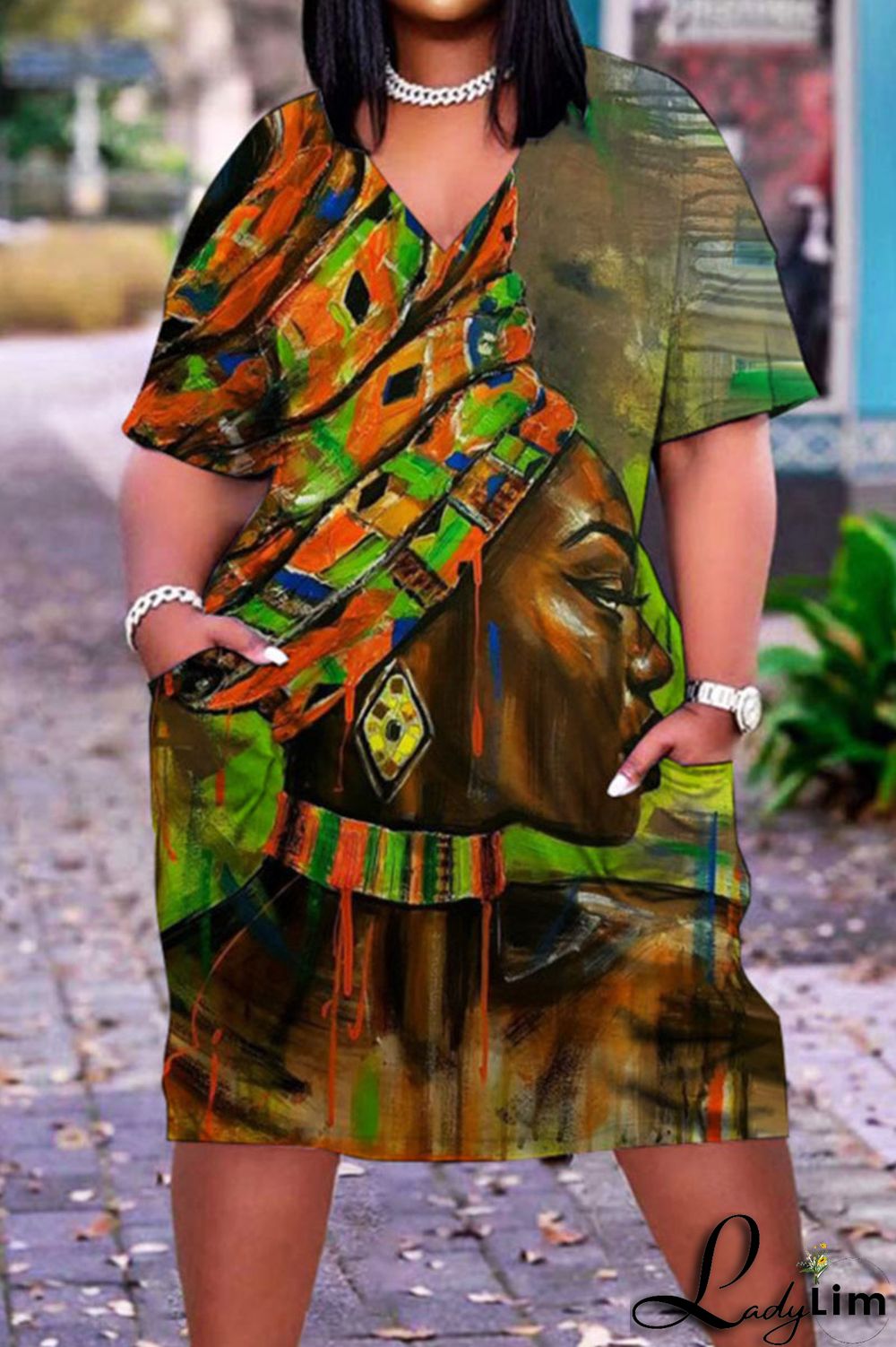 Grey Casual Street Print Patchwork V Neck Straight Dresses