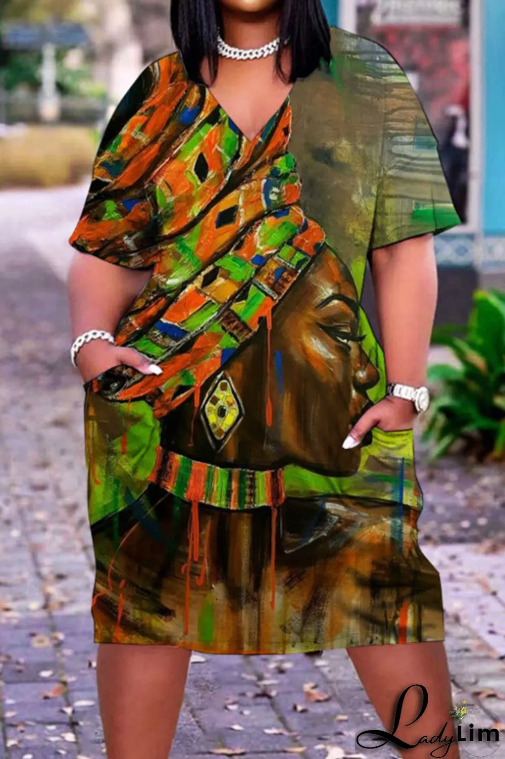 Grey Casual Street Print Patchwork V Neck Straight Dresses