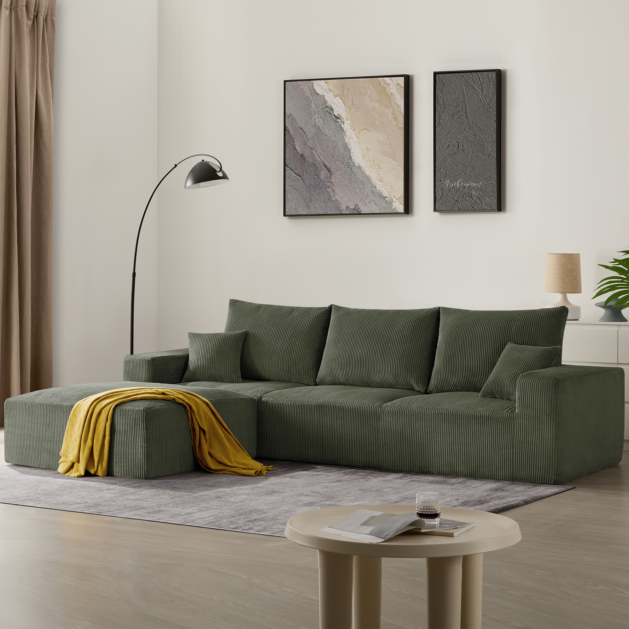 113" L-Shaped Modular Cloud Sofa &ndash; Full Foam Convertible Sectional with Chaise, Corduroy Upholstery, No Assembly Required, Green