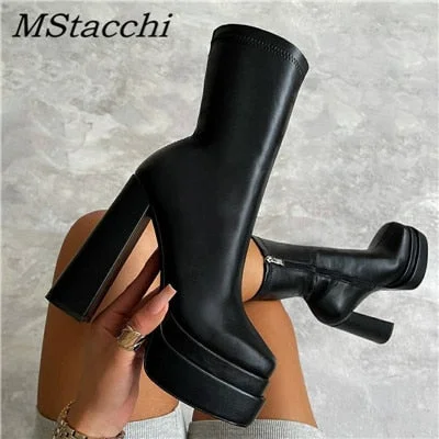 2022 Sexy Chunky High Heels Ankle Shoes For Women Punk Style Zipper Thick Platform Elasticity Microfiber Boots Sapatos Femininos