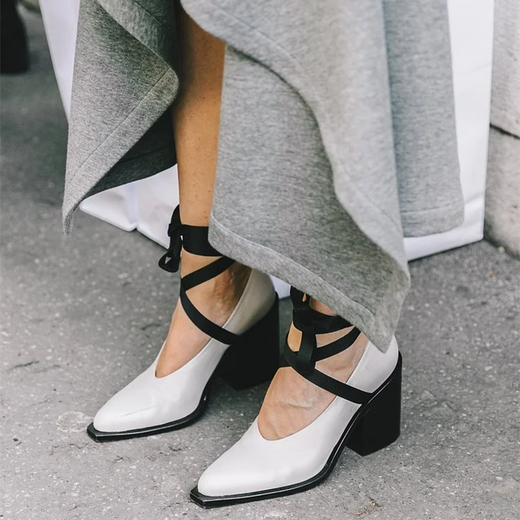 White Square Toe Chunky Heels Strappy Pumps|FSJshoes