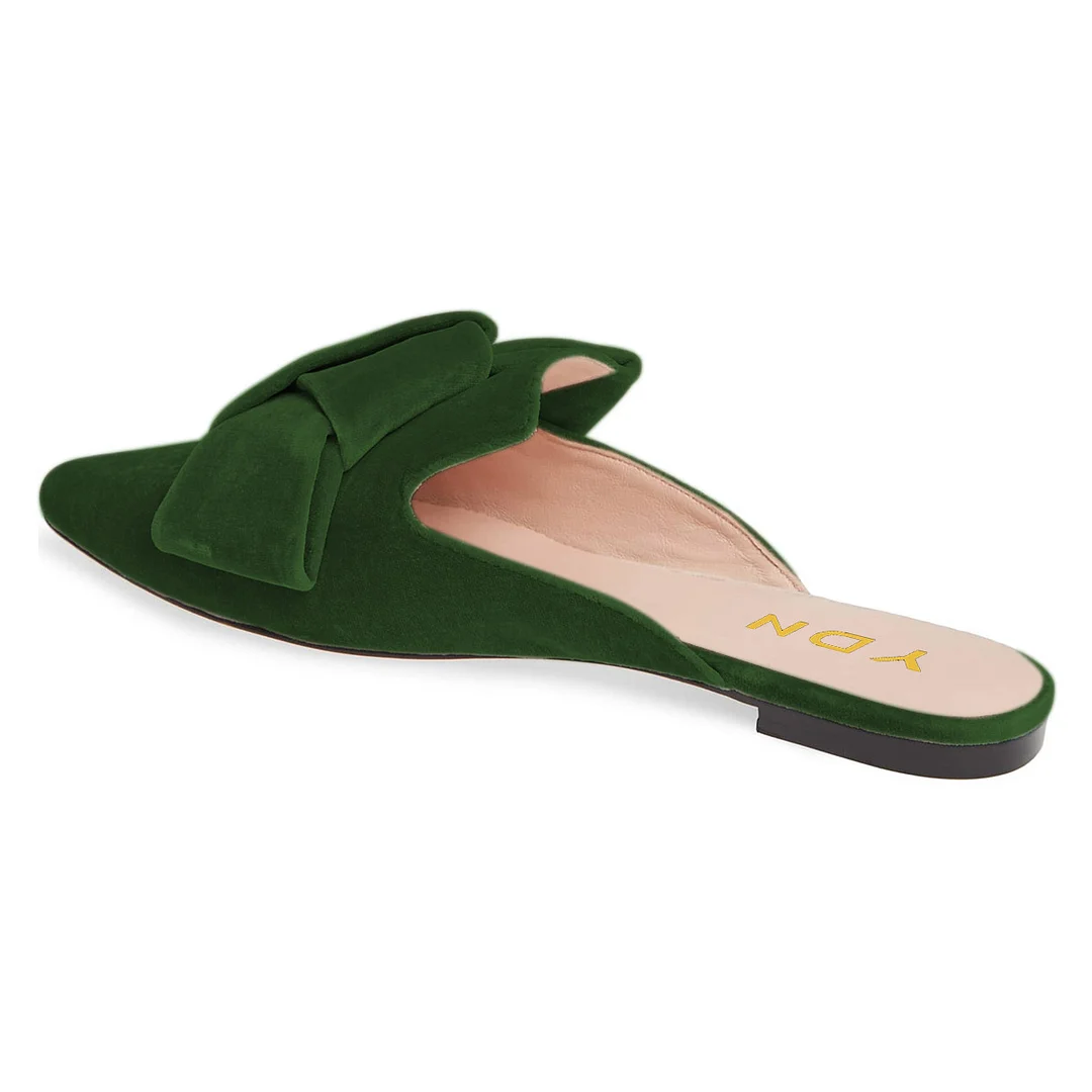 Green Velvet Knot Accent Simple Mules Shoes with Pointed Toe
