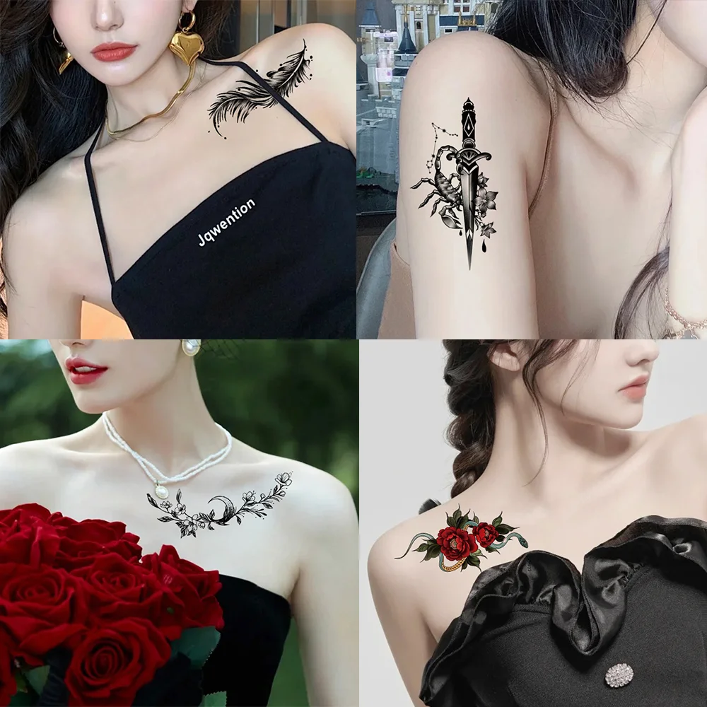 Sdrawing Waterproof Temporary Flower Tattoos Women Beauty Rose Butterfly Flash Feather 3D Fake Tattoo Arm Waist Hand Sticker Men