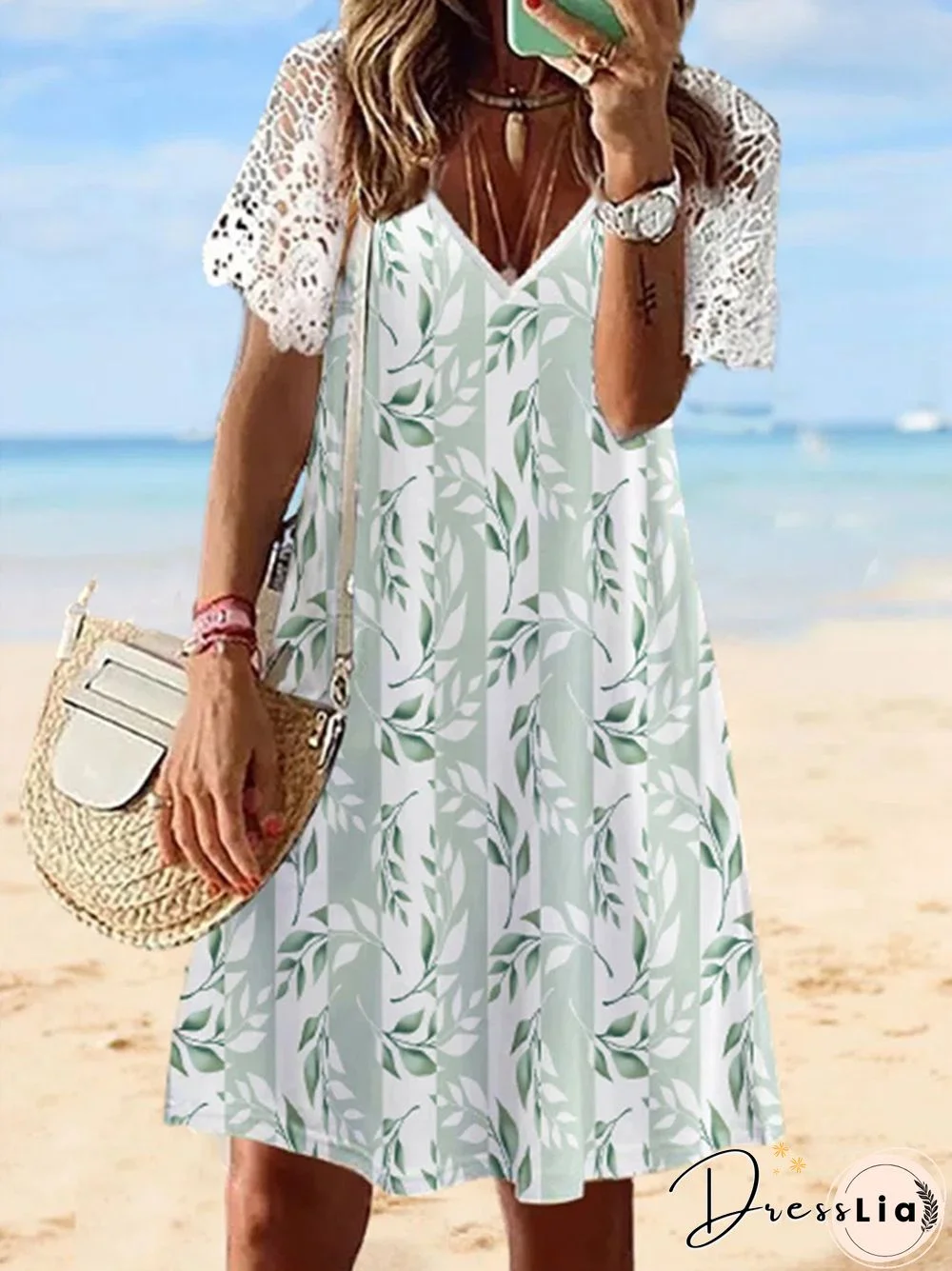 Casual Loose Print Women Summer Dress Sexy V Neck Hollow Out Party Boho Dresses New Lace Short Sleeve Stitching Beach Mini Dress