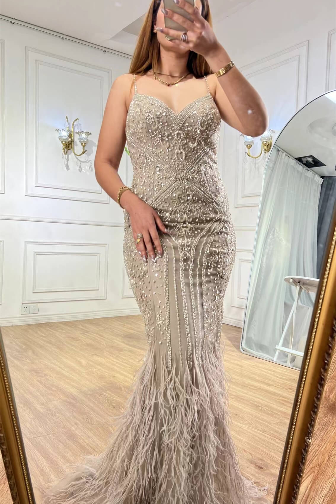 Bellasprom Spaghetti-Straps Sleeveless V-Neck Mermaid Prom Dress With Beadings Feathers Bellasprom