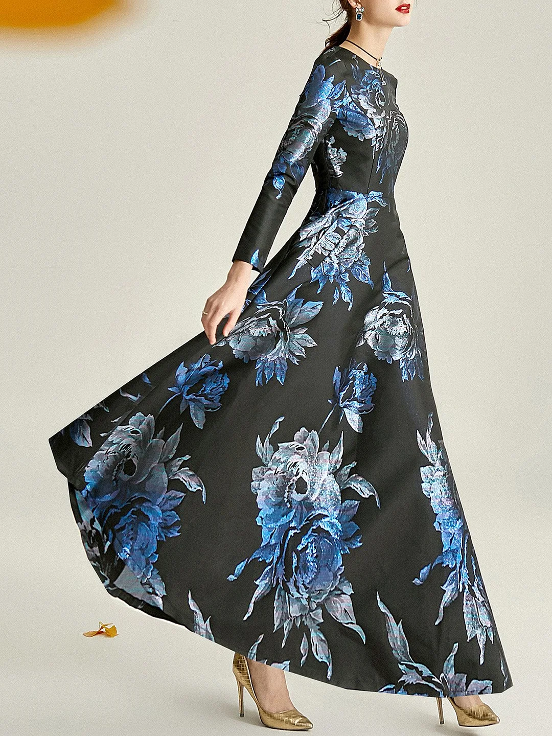 Black-Blue A-Line  Cocktail Party & Evening Floral Maxi Dresses