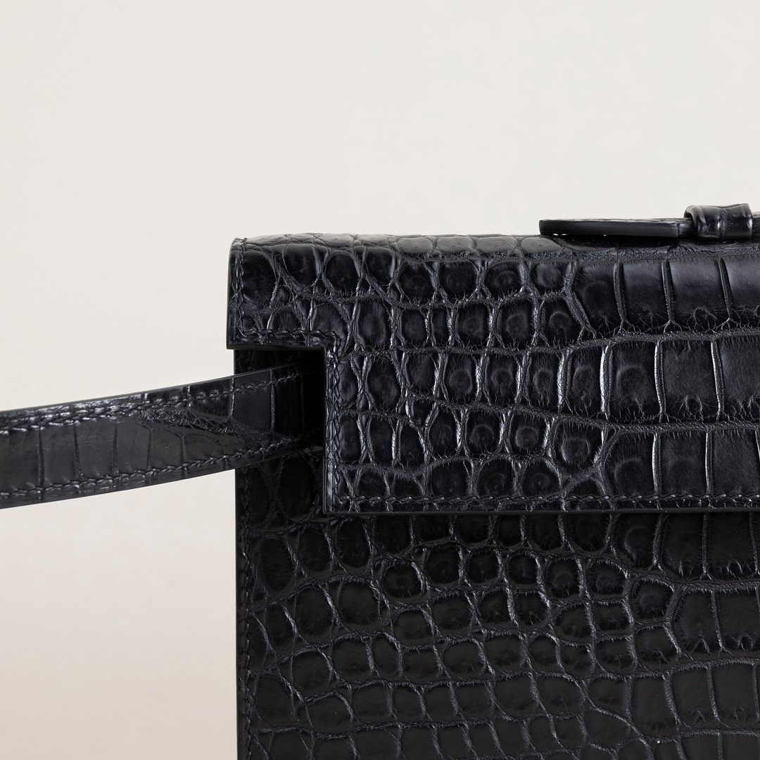 Kelly cut Matte Porosus Crocodile 89 Noir  PHW
