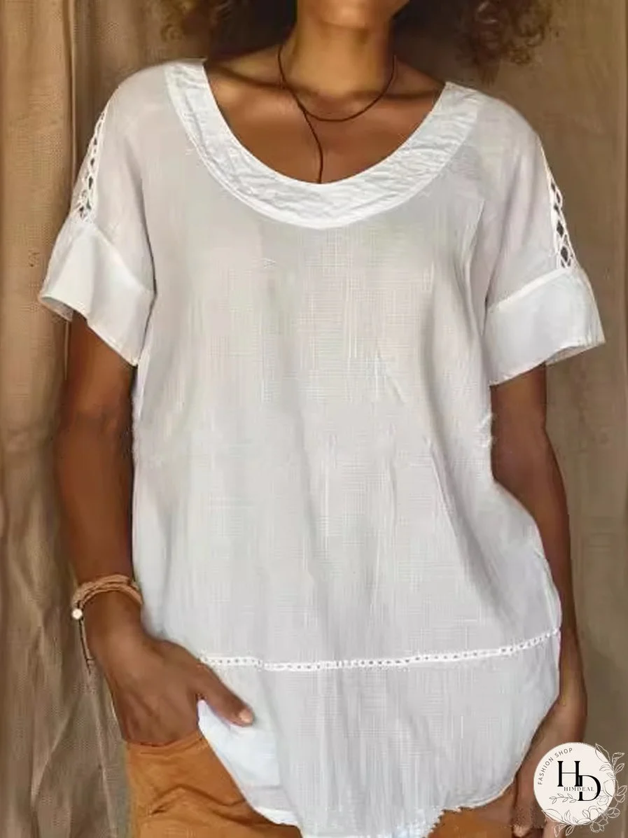Solid Color Hollow Round Neck Patchwork T-Shirt