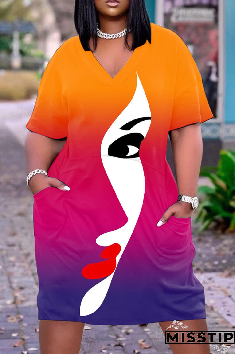 Multi-color Fashion Casual Print Patchwork V Neck Short Sleeve Dress