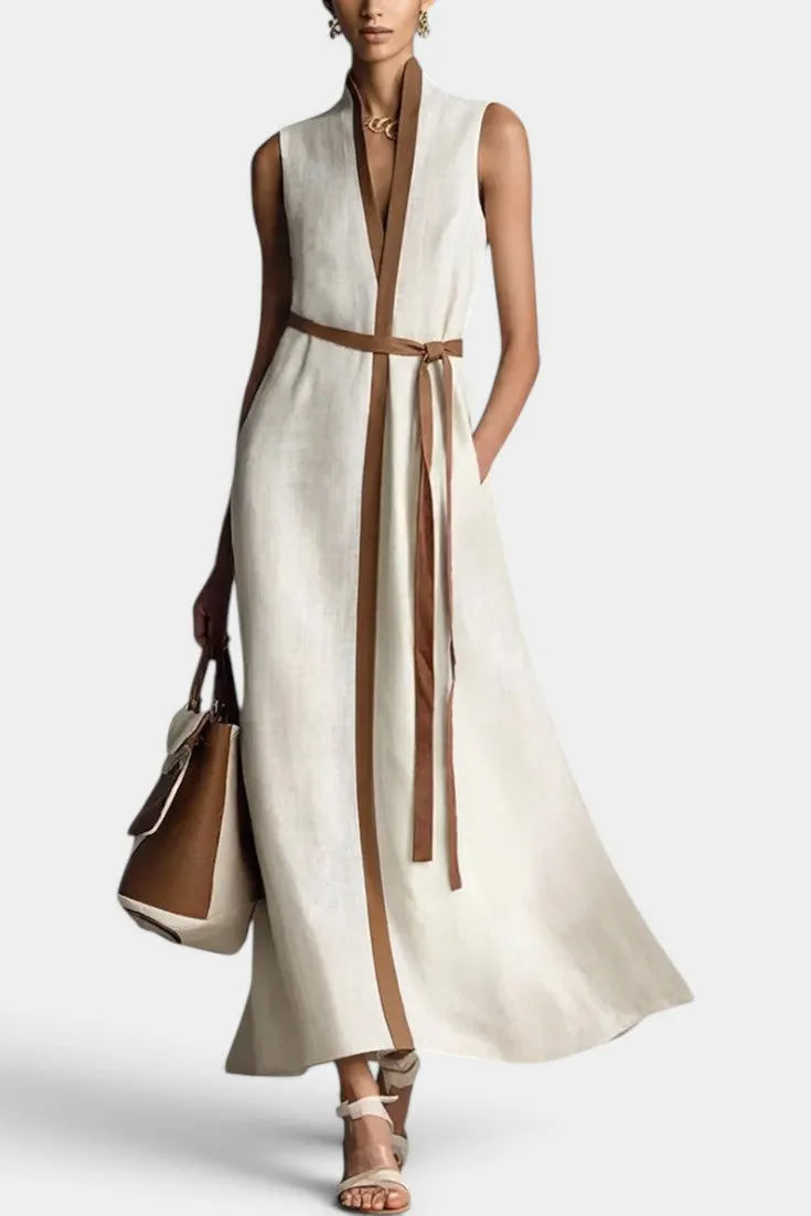 V-Neck Maxi Dress with Contrasting Tie Belt