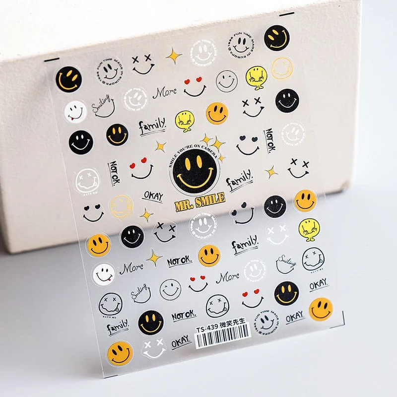 1 Sheet 5D High Quality Ultra-Thin Adhesive Smiley Nail Art Stickers Spring and Summer Cute Smile DIY Manicure Decal Decoration-Nail Inspo