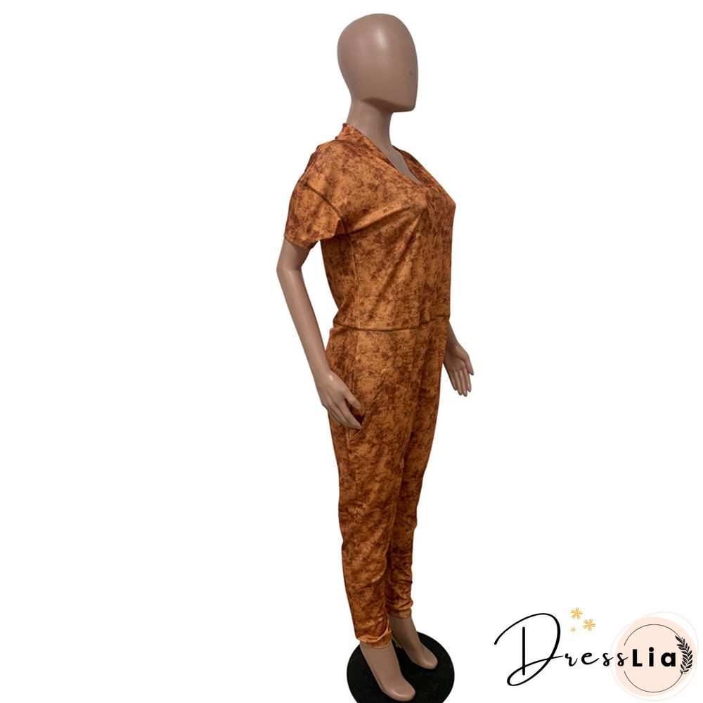 Loose Short Sleeve V Neck Long Harem Jumpsuits