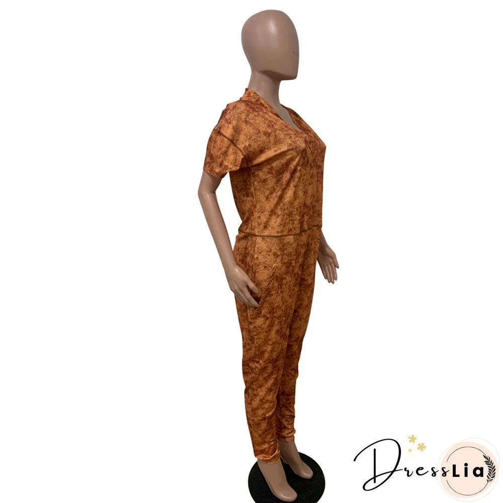 Loose Short Sleeve V Neck Long Harem Jumpsuits