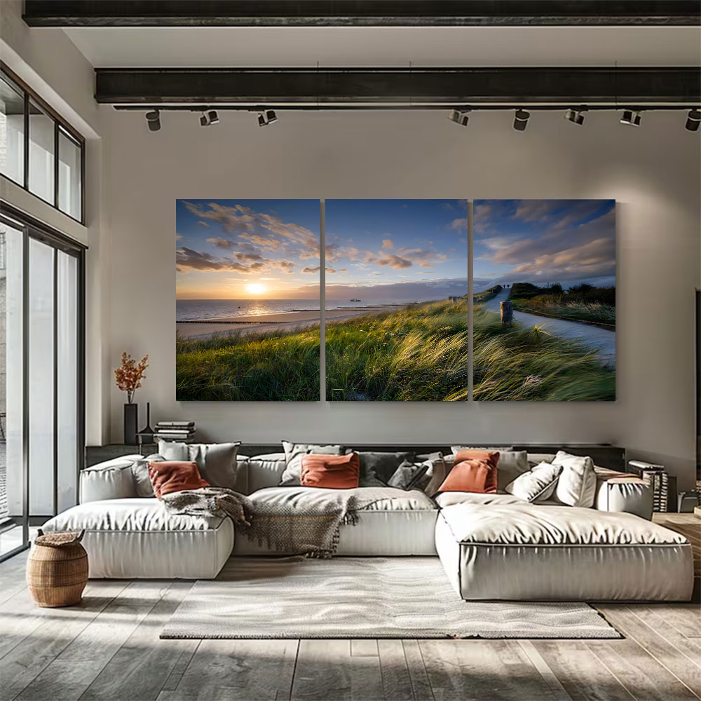 3-Piece Set Coastal Grass Path Sunset Canvas Art