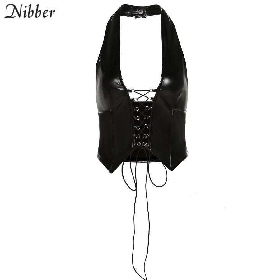 Nibber Stylish PU Leather Halter Croped Crop Tops  women Sexy Deep V Lace Up Activity ClubWear Hollow Out Basic Street Tshirt