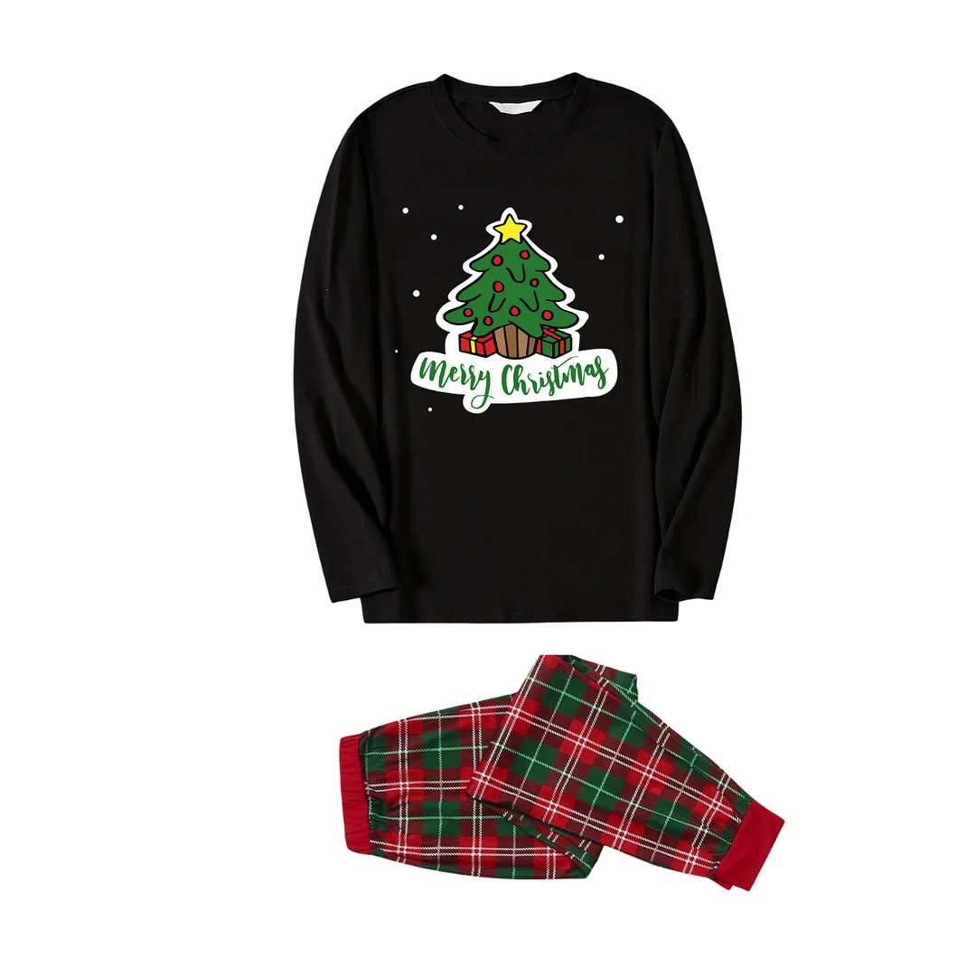 Christmas Tree and Gift Designs - Black Top with Red & Green Plaid Pants Family Matching Pajama