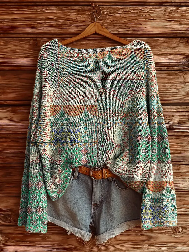 Women's Ethnic Floral Embellished Patchwork Pattern Art Print Casual Pullover Sweater