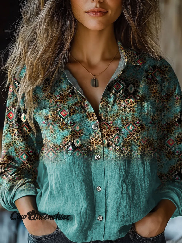 Women’s Vintage Cyan Leopard Aztec Art Print Casual Long Sleeve Comfortable Cotton Shirt