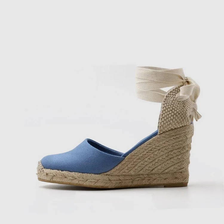 Blue Espadrille Wedges Platform Strappy Ankle Strap Sandals|FSJshoes