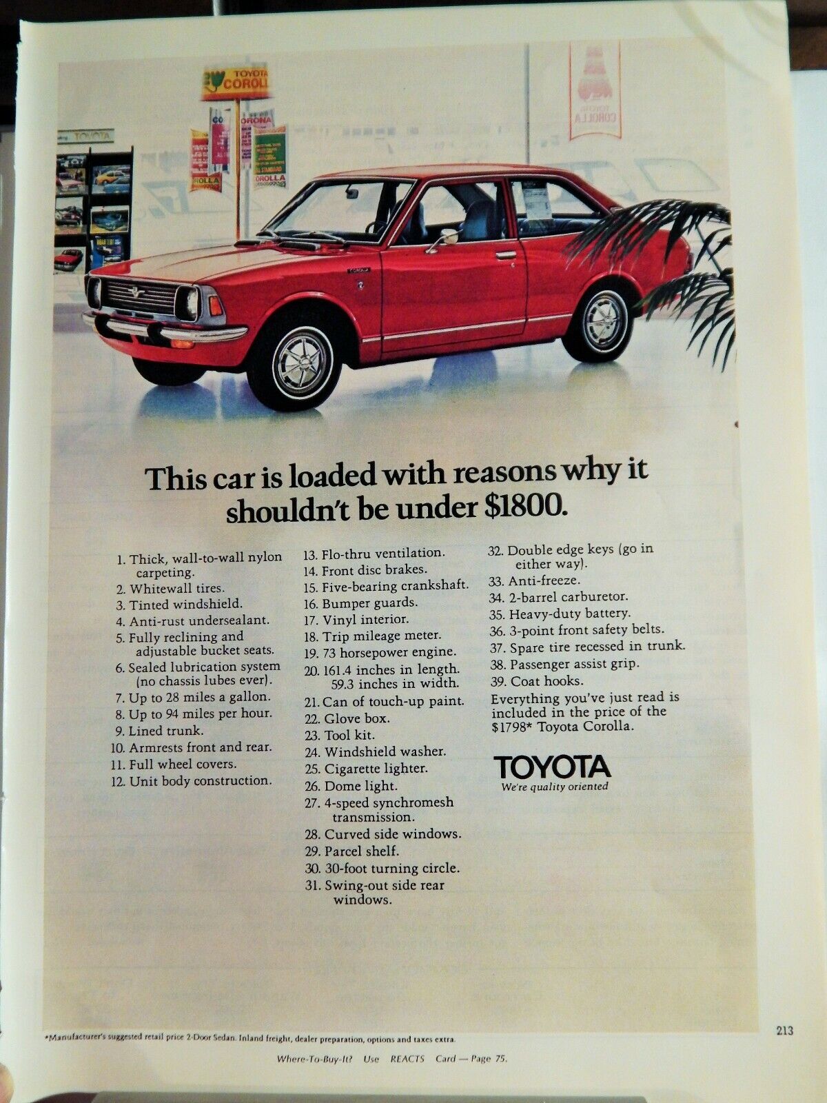 TOYOTA COROLLA 1971 VINTAGE Photo Poster painting AD, RARE SOUGHT EPHEMERA