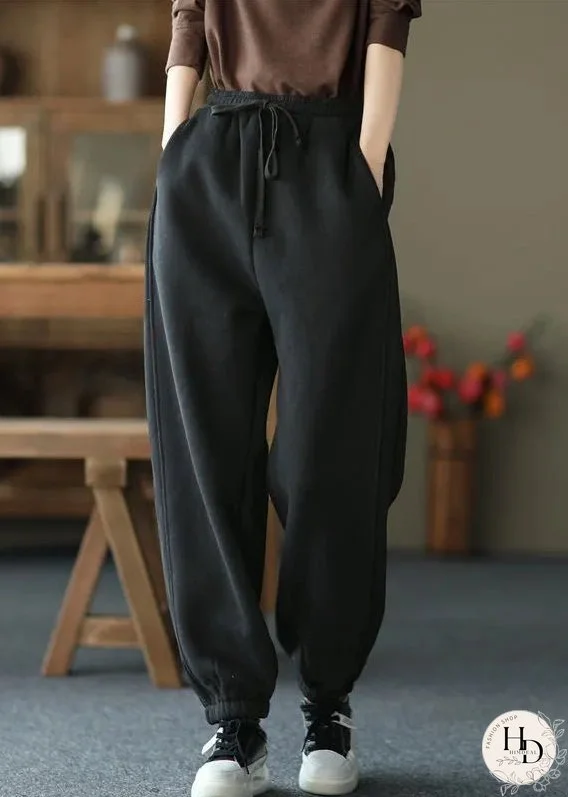 Women Black Pockets Elastic Waist Warm Fleece Pants Spring