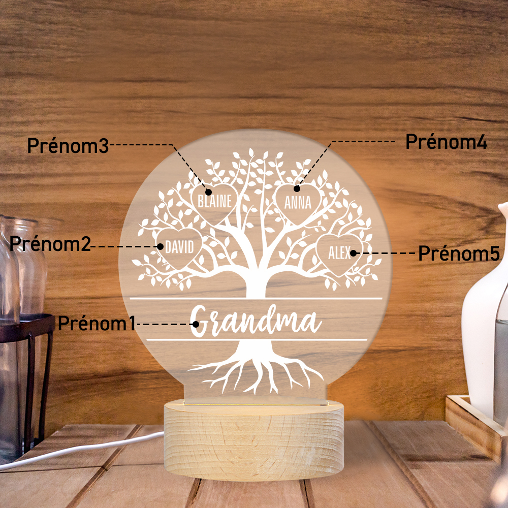 À ma Mamie/Maman - Lampe de chevet Arbre de vie LED Lumières 5 Prénoms Personnalisés pour Famille