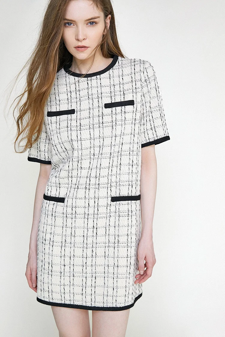 Ivory Checked Contrast Trim Tweed Mini Dress QueenFunky