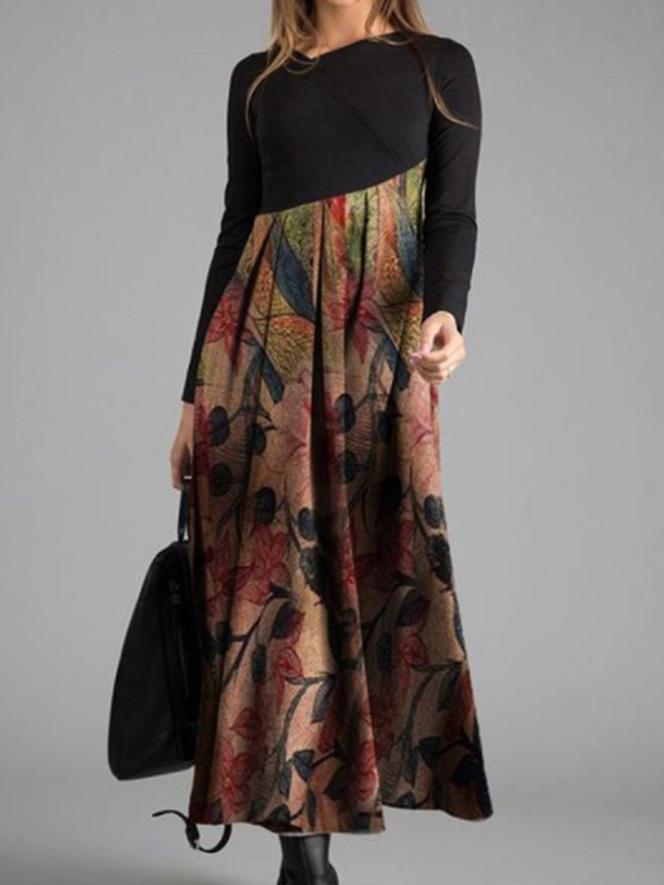 Women's Printed V-neck Long Sleeve Maxi Dress