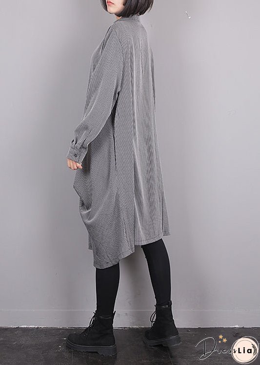 Plus Size Grey O-Neck Asymmetrical Striped Button Maxi Dress Fall