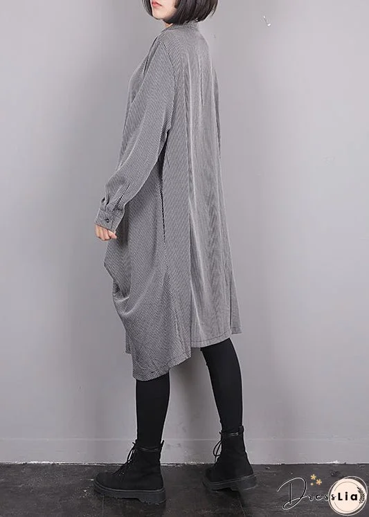 Plus Size Grey O-Neck Asymmetrical Striped Button Maxi Dress Fall