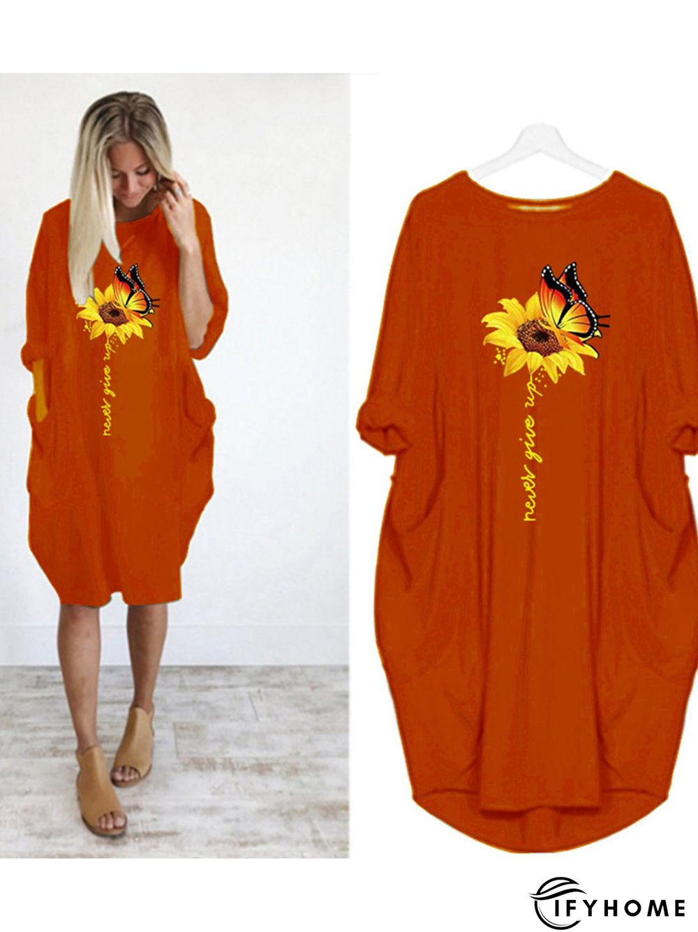 Casual Plus Size Round Neck 3/4 Sleeve Midi Knitting Dress | IFYHOME