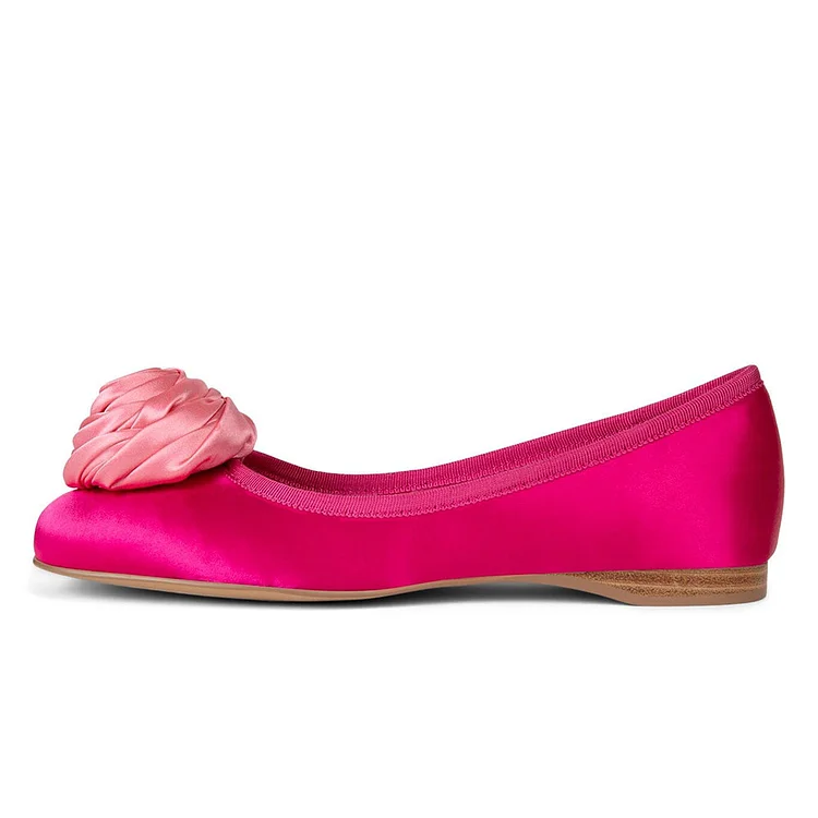 Satin Square Toe Rose Embellishment Ballet Flats in Hot Pink |FSJ Shoes