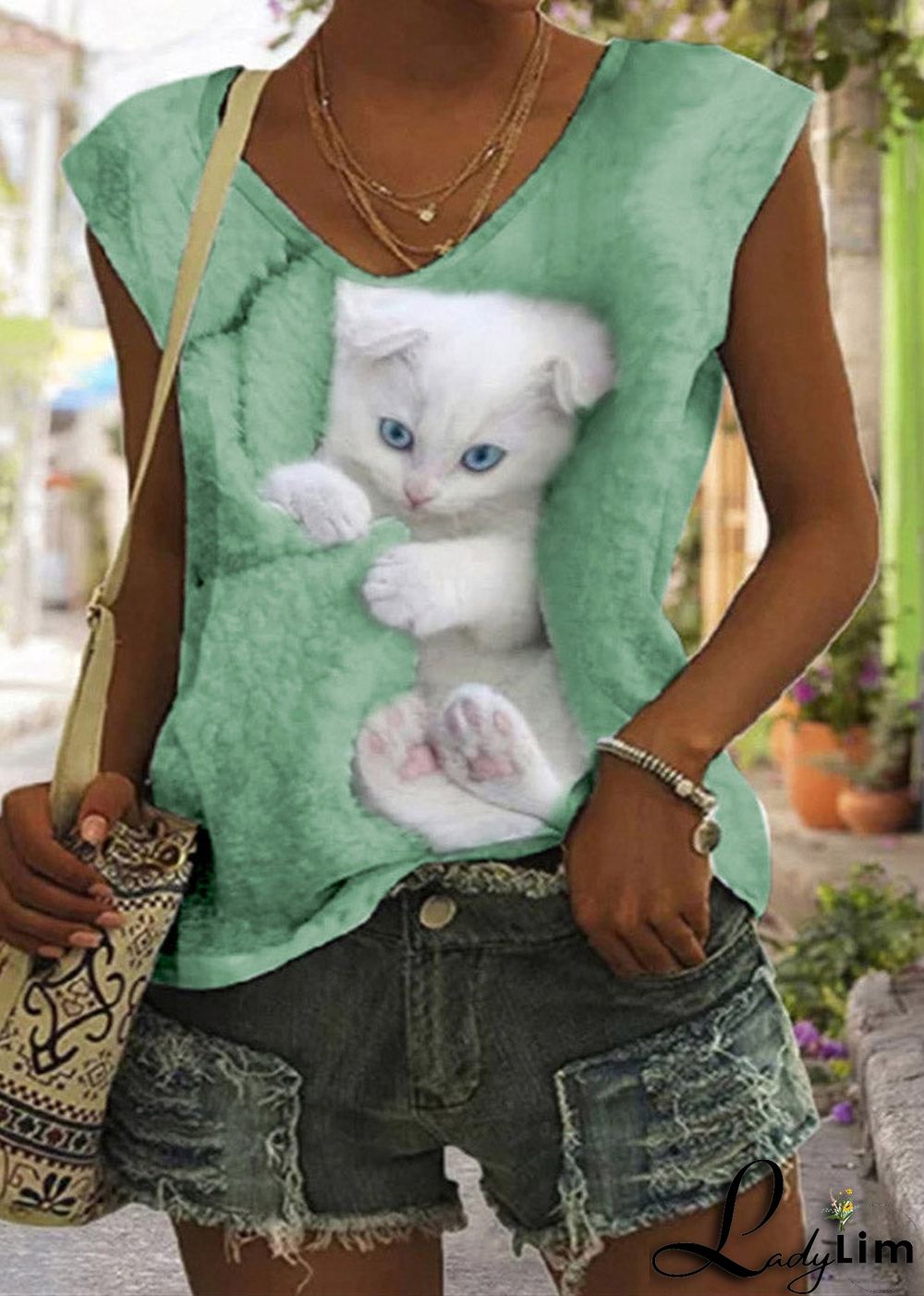 Plus Size White V Neck Little Rabbit Print Vest Summer