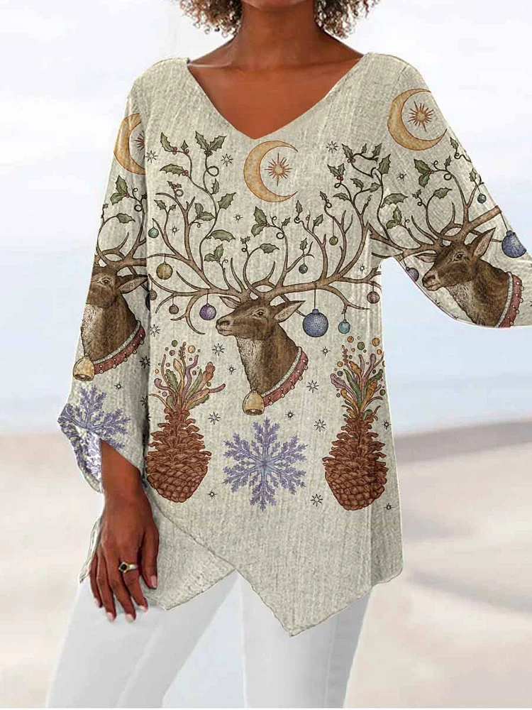 Womens Christmas Elk Cotton And linen V Collar Three quarter sleeves Top
