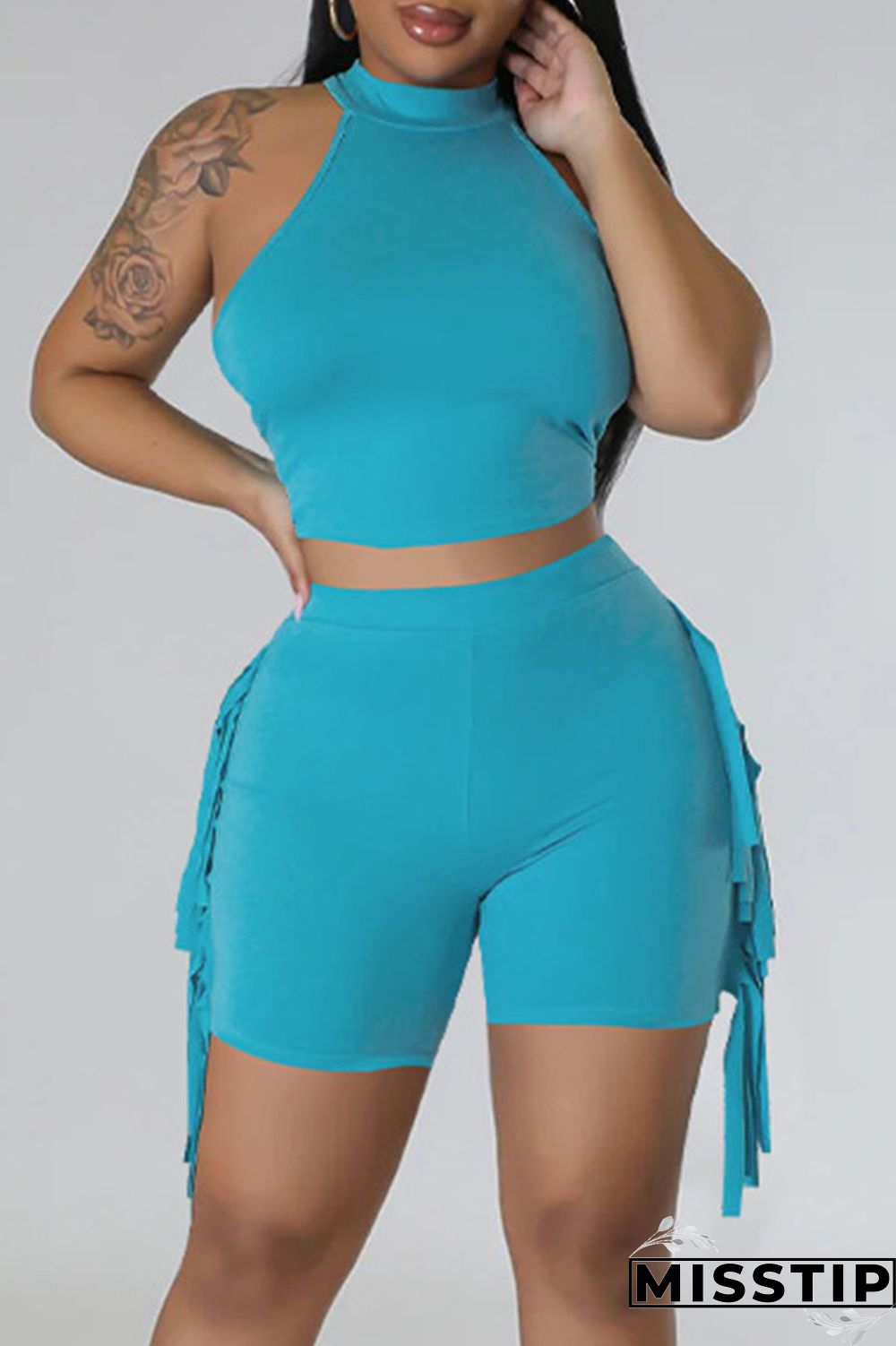 Light Blue Sexy Solid Tassel Patchwork O Neck Sleeveless Two Pieces
