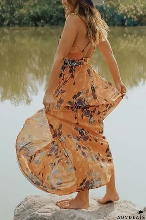 V Neck Backless Slip Maxi Dress